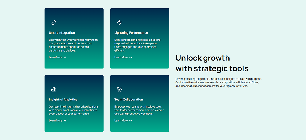 Flexible Service cards arranged in a Four-column layout with a solid background color.